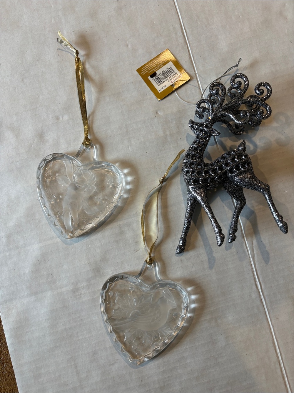 Clear Glass Heart Hanging Ornaments with Gold Ribbons - Set of 2